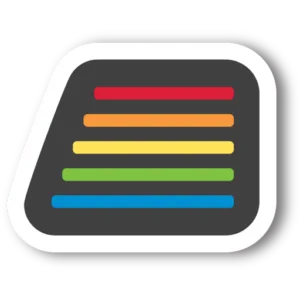 Spectrum Digital's icon of red, orange, yellow, green and blue horizontal stripes on a dark grey background with a thick white border